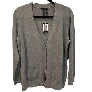 Grace Elements Women's L Gray V Neck Button Pockets Boyfriend Sweater Cardigan